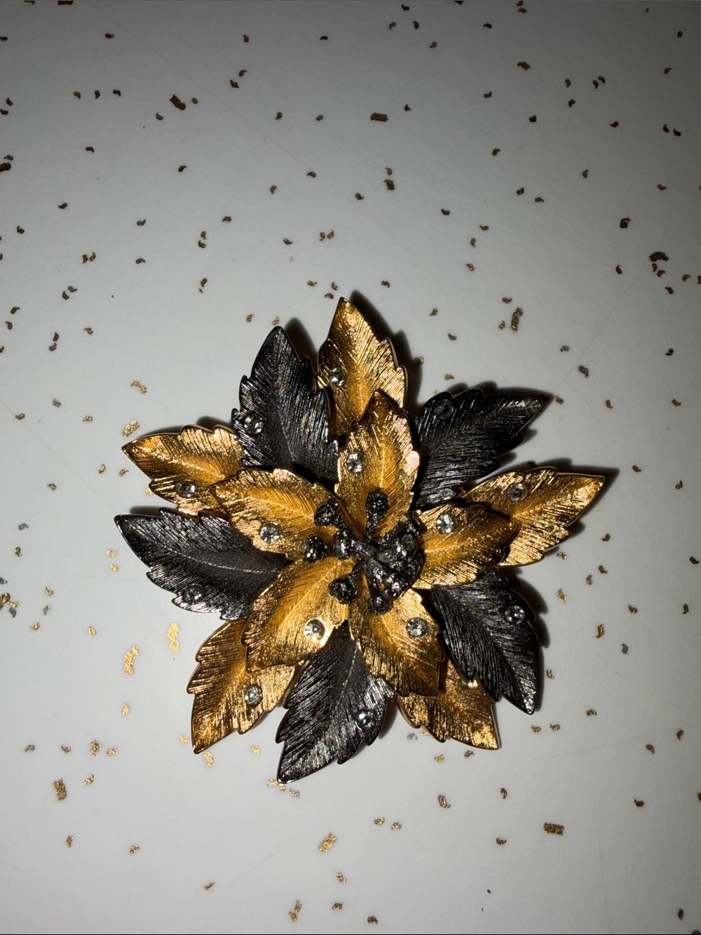 Vintage Joan Rivers Florentine Gold & Black Cactus Flower Brooch Pin